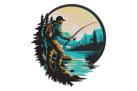 Vintage badge embroidery of a fly fisherman casting a rod in a circular frame, pine silhouettes, turquoise lake, golden sky.