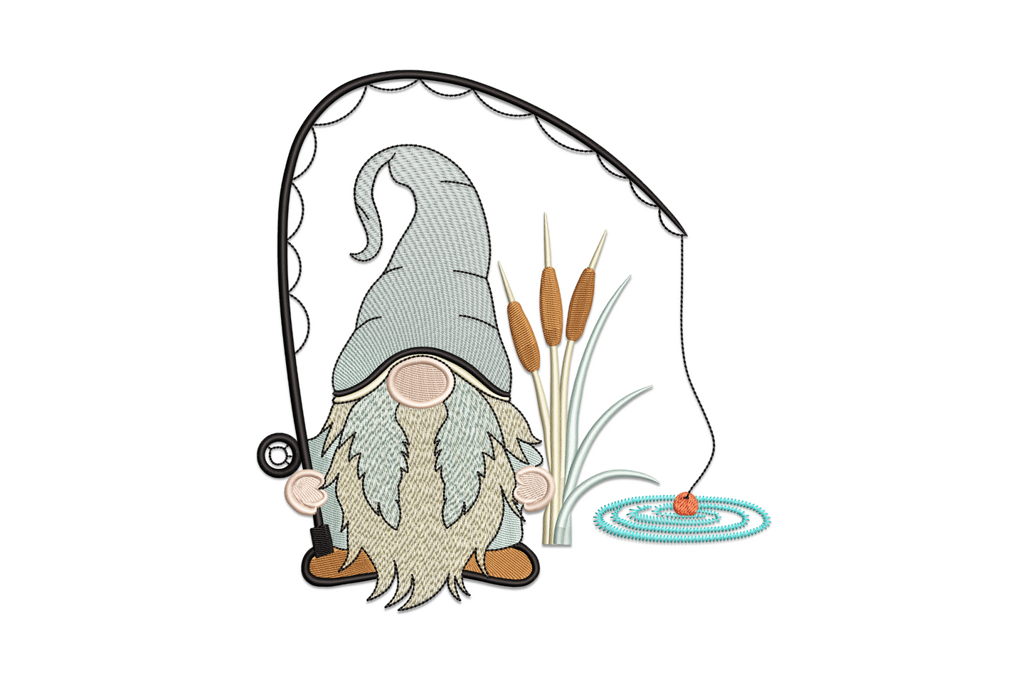 Fishing gnome machine embroidery design with red pointy hat, white beard, holding a fishing rod with fish on the line, soft sketch style