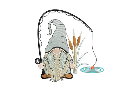 Fishing gnome machine embroidery design with red pointy hat, white beard, holding a fishing rod with fish on the line, soft sketch style