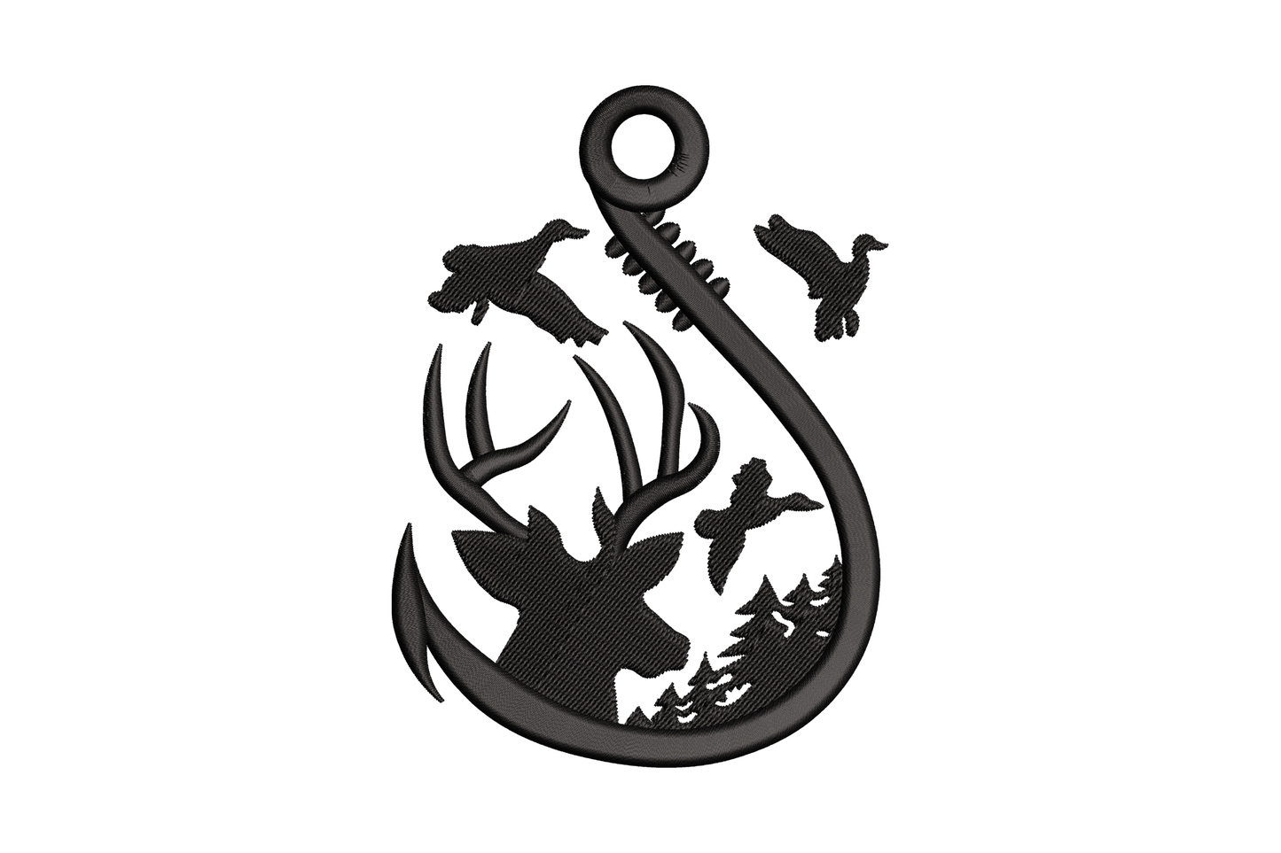 Fishing hook embroidery with deer, duck and pine trees inside the hook curve, black silhouette, 4 sizes.