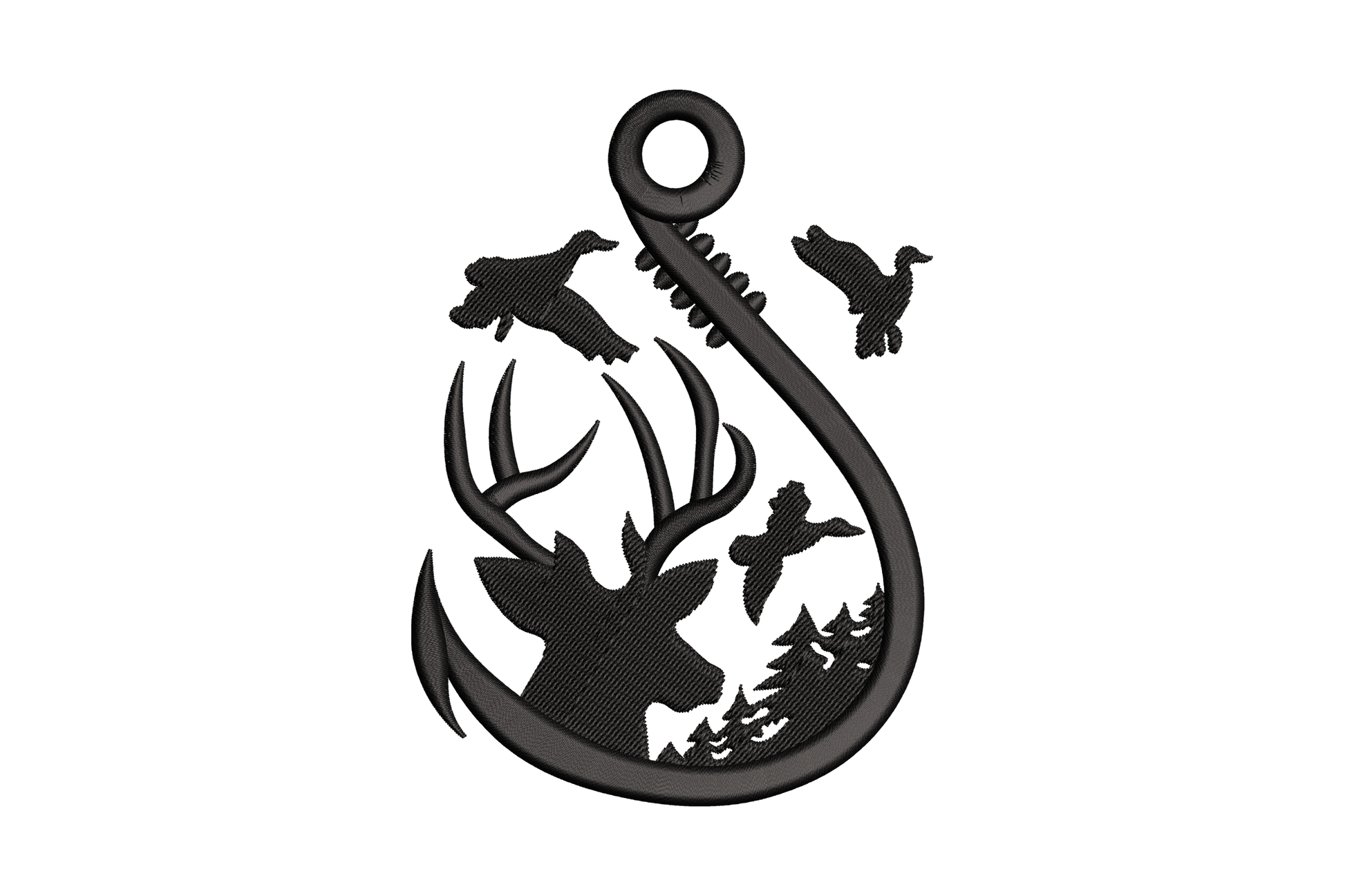 Fishing hook embroidery with deer, duck and pine trees inside the hook curve, black silhouette, 4 sizes.