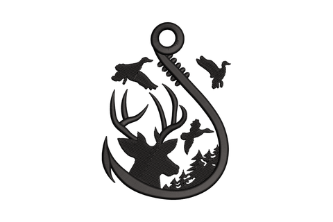 Fishing hook embroidery with deer, duck and pine trees inside the hook curve, black silhouette, 4 sizes.