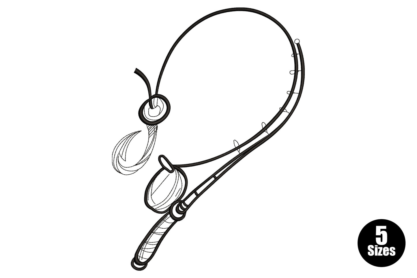 Minimalist fishing hook line-art with looped line and sinker, clean black outline, single-colour embroidery design.