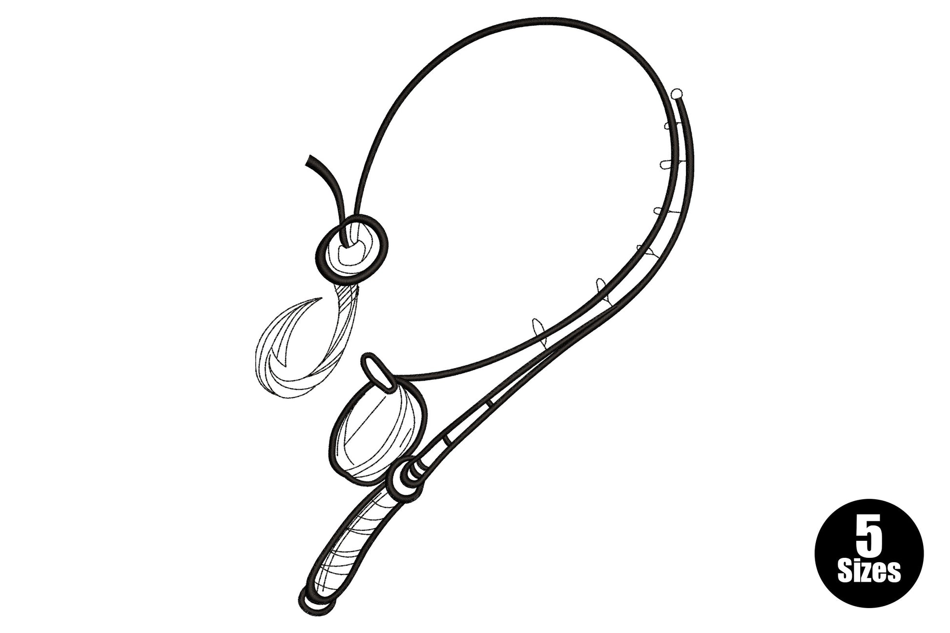Minimalist fishing hook line-art with looped line and sinker, clean black outline, single-colour embroidery design.