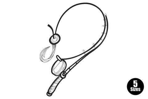Minimalist fishing hook line-art with looped line and sinker, clean black outline, single-colour embroidery design.