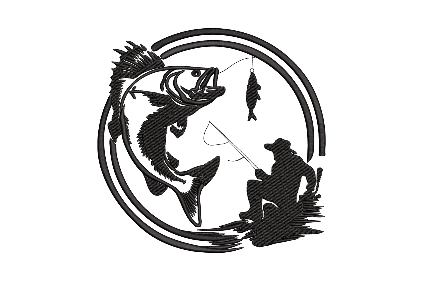 Fishing man jumping bass fish silhouette embroidery in a circular frame, black thread angler scene with rod and leaping fish.