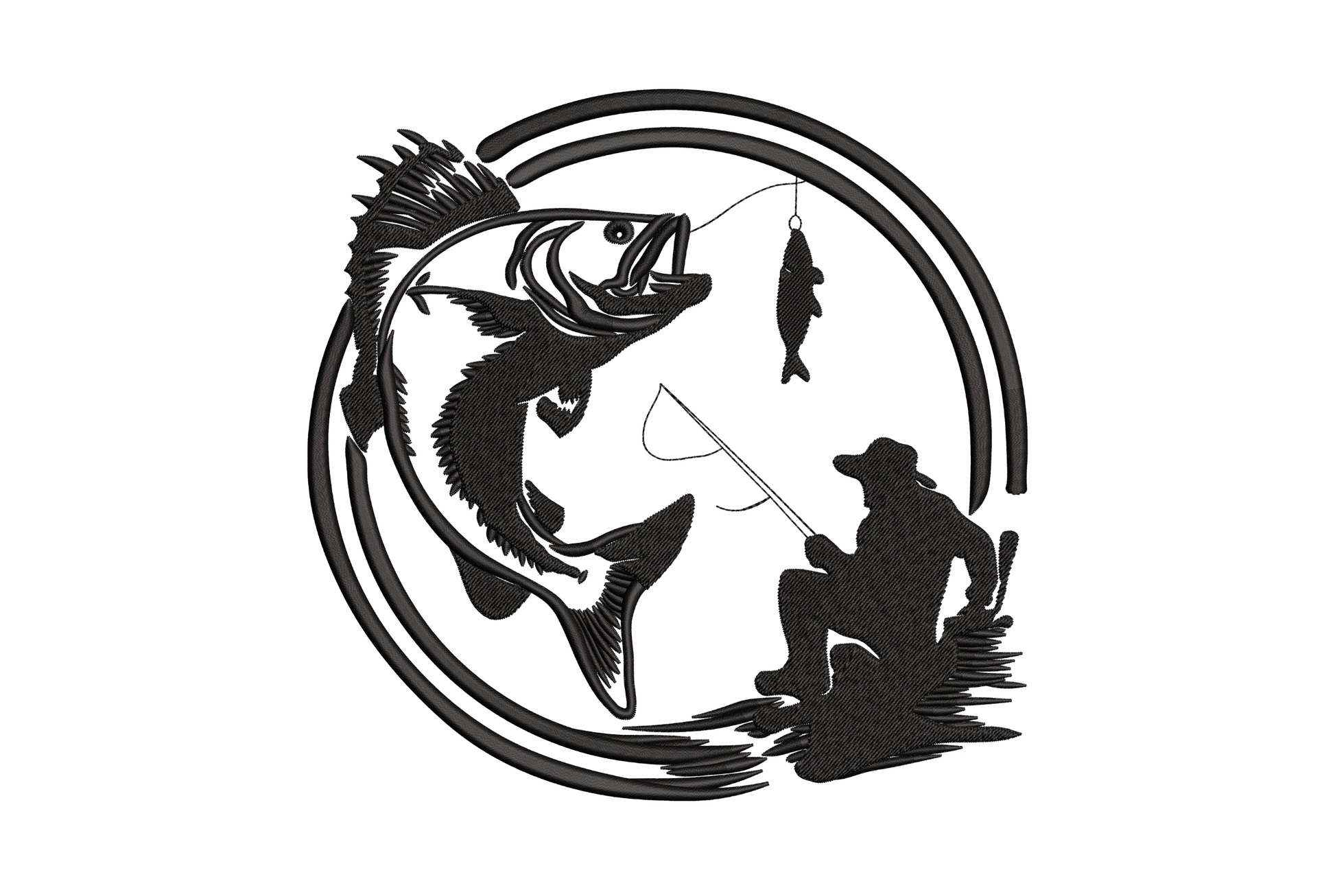 Fishing man jumping bass fish silhouette embroidery in a circular frame, black thread angler scene with rod and leaping fish.