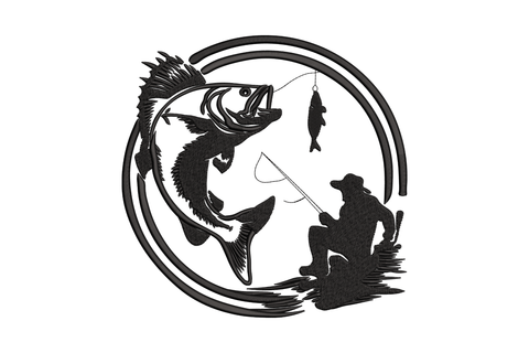 Fishing man jumping bass fish silhouette embroidery in a circular frame, black thread angler scene with rod and leaping fish.