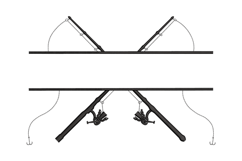 Two crossed fishing rods and reels silhouette machine embroidery design in black, hooks visible at line ends