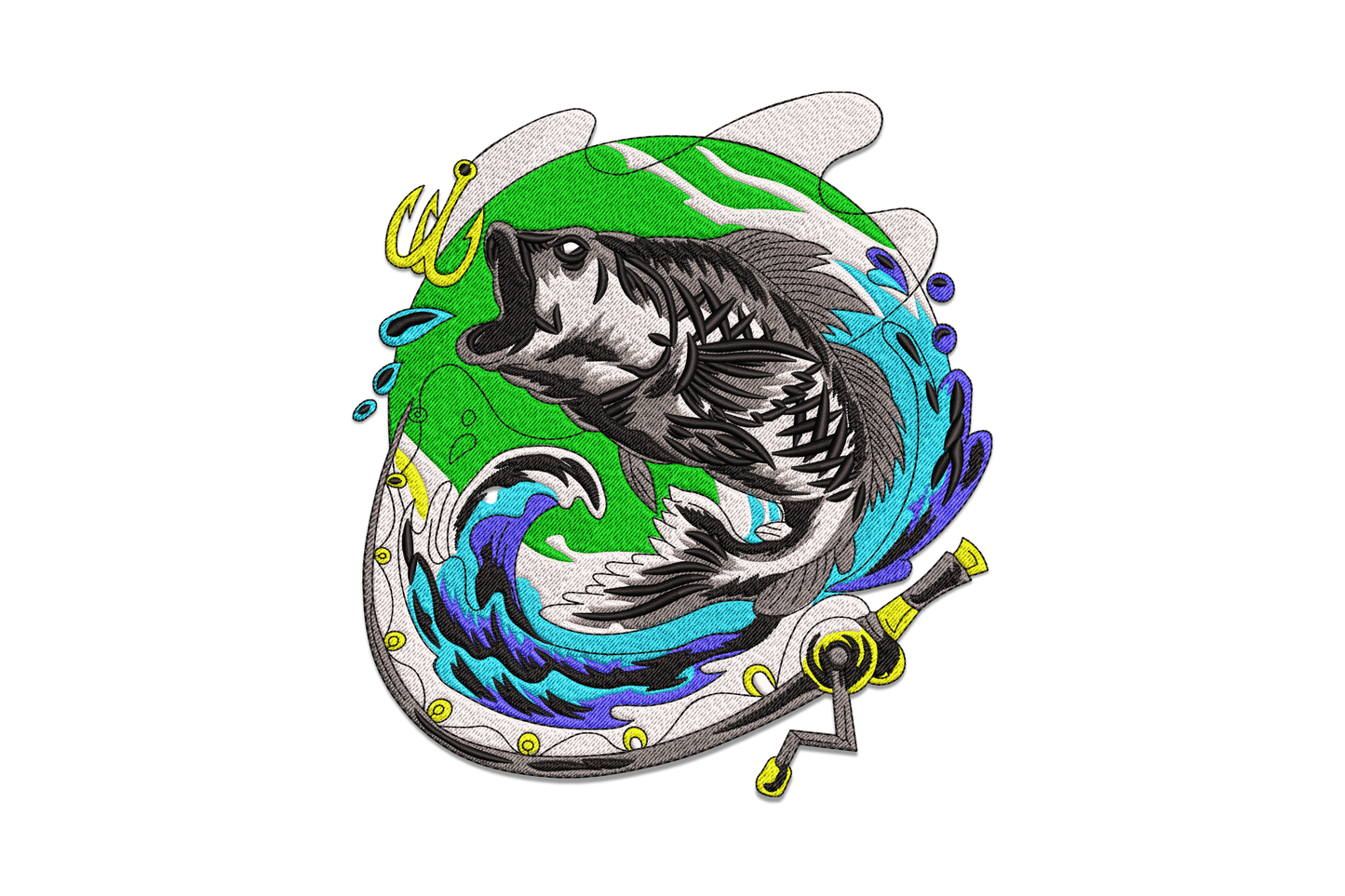 Fishing splash bass embroidery design with largemouth bass jumping from water, circular badge style with fishing hook and lure