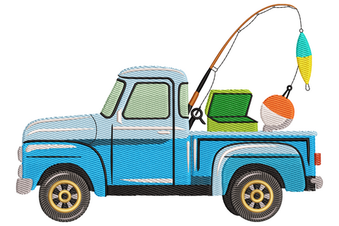Fishing truck embroidery design with side-view pickup truck, fishing rods in bed, chrome grille, 17 colors, tyre tread and tackle detail visible.