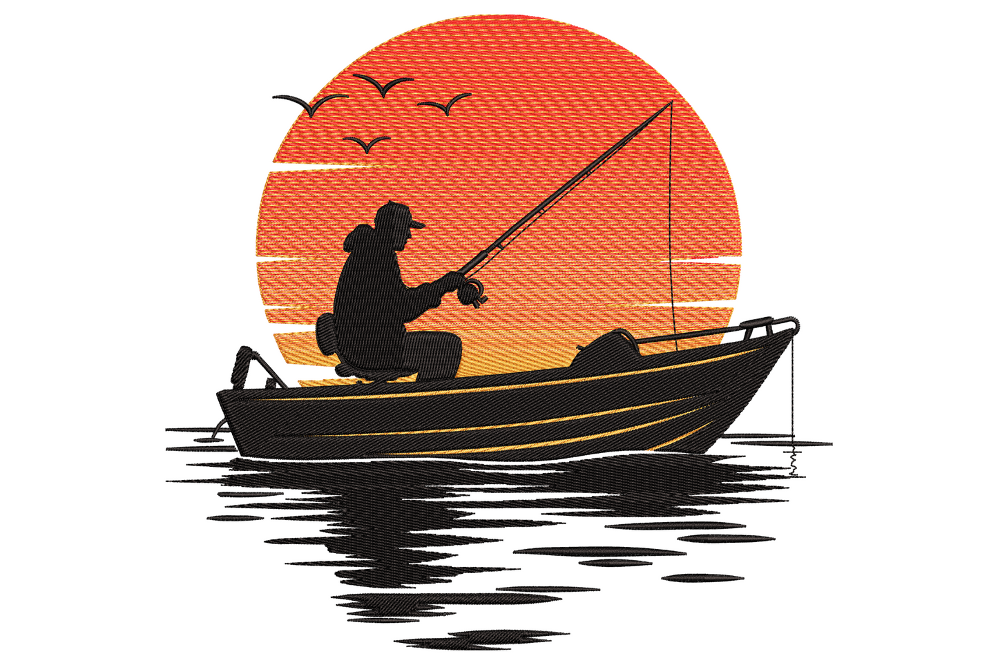 Silhouette fisherman in small boat casting rod against giant orange sunset with birds flying overhead embroidery