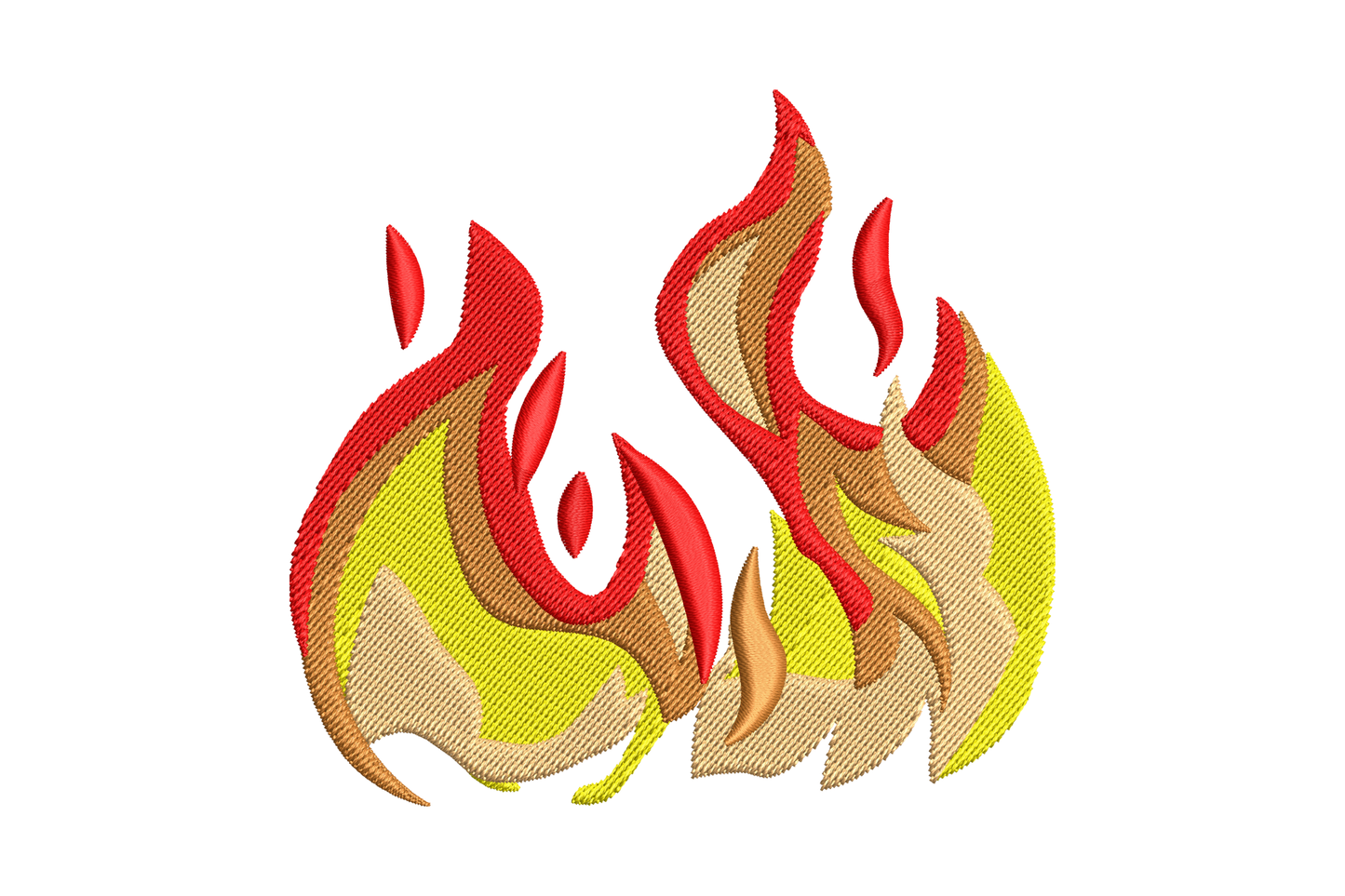 Flame burst embroidery with twin overlapping flame clusters in red, sand, brown and yellow layered tongues curling outward.
