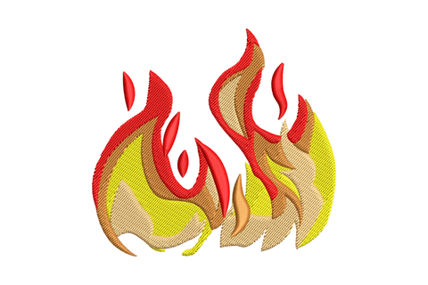 Flame burst embroidery with twin overlapping flame clusters in red, sand, brown and yellow layered tongues curling outward.