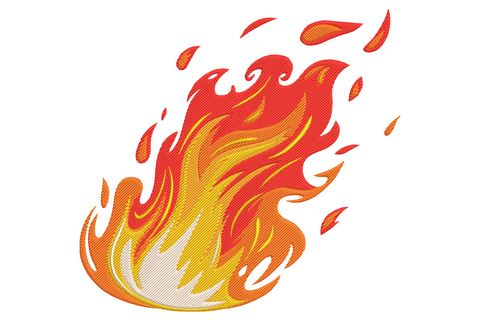 Retro flame embroidery design leaning right with red orange yellow gradient fill, swirly internal curls and seven flying ember sparks breaking off behind.