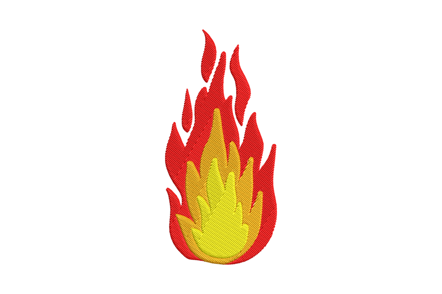 Cartoon flame icon with red outer tongues, orange middle layer and bright yellow inner core, three nested teardrop shapes.