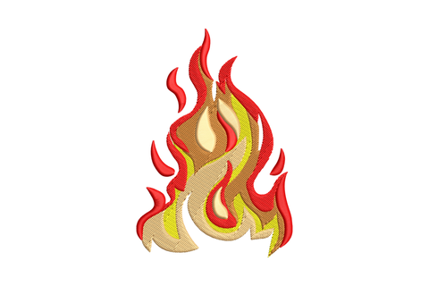 Horizontal flame burst embroidery with four colour layers, deep red base rolling into orange and yellow tips, pale yellow core highlight, curling sideways stylised shape.