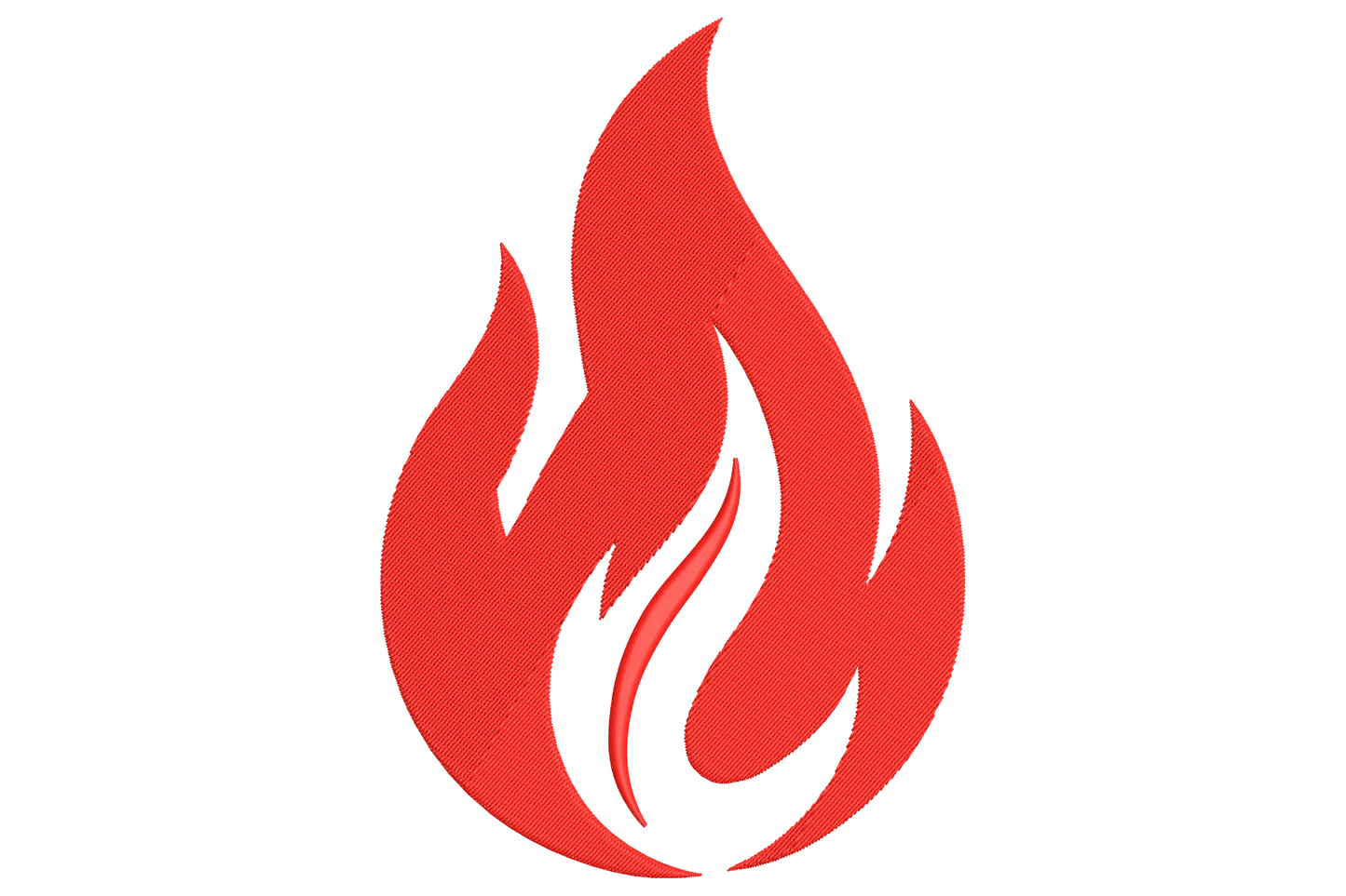Bold red flame fire symbol embroidery design with rounded base, side curls and tall centre point in single-colour satin fill.