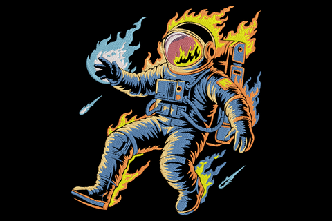 Flaming astronaut embroidery, blue spacesuit, orange flames, helmet visor reflecting fire, scarlet boots, cosmic comic art