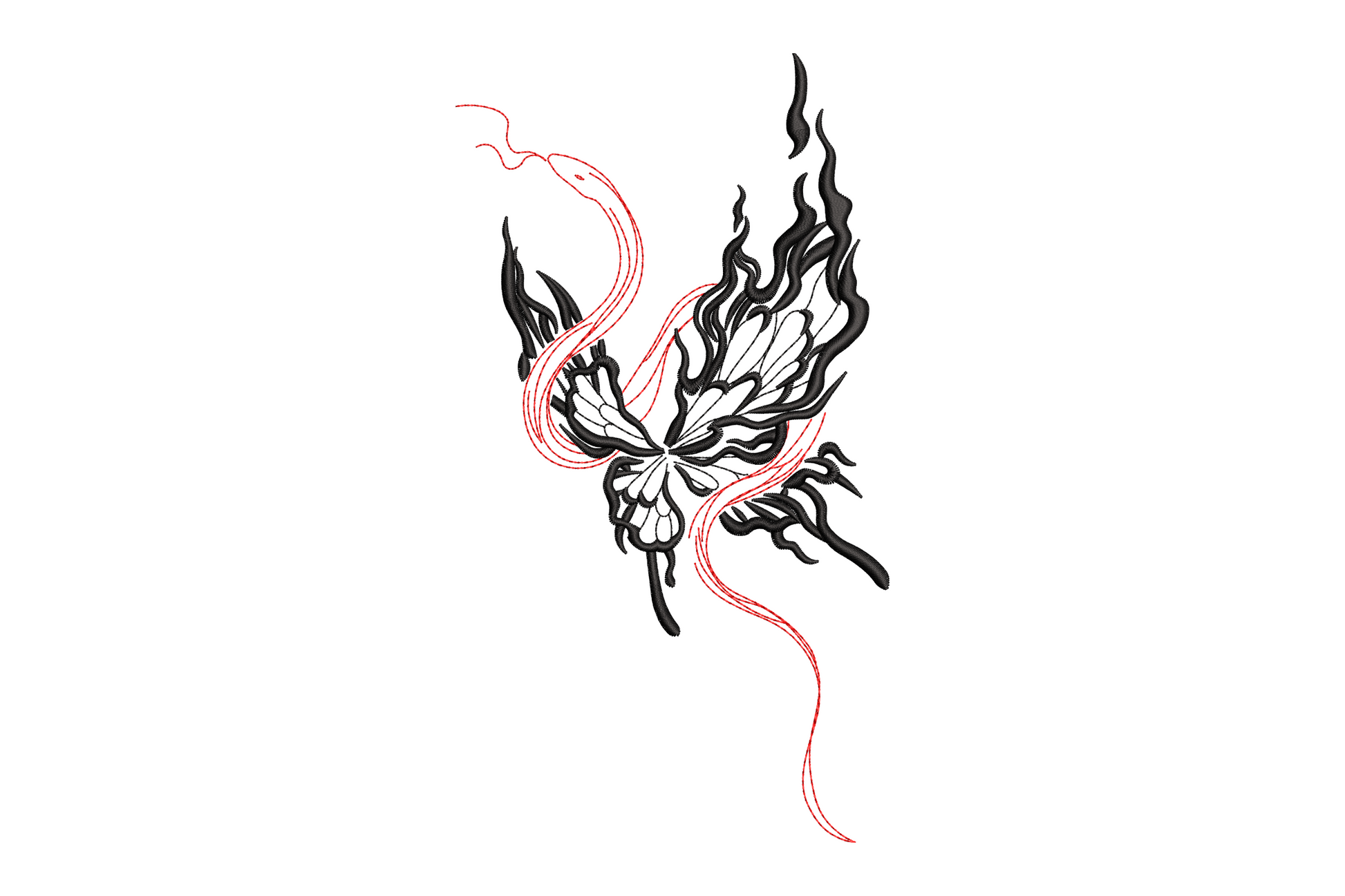 Flaming butterfly embroidery design with gothic spiky wings in black and red flame trails rising from the body