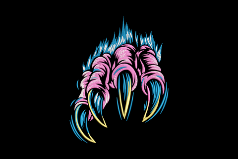 Flaming claw embroidery design with neon monster talons, mauve pink fur, yellow teal claws and electric blue flames on black background.