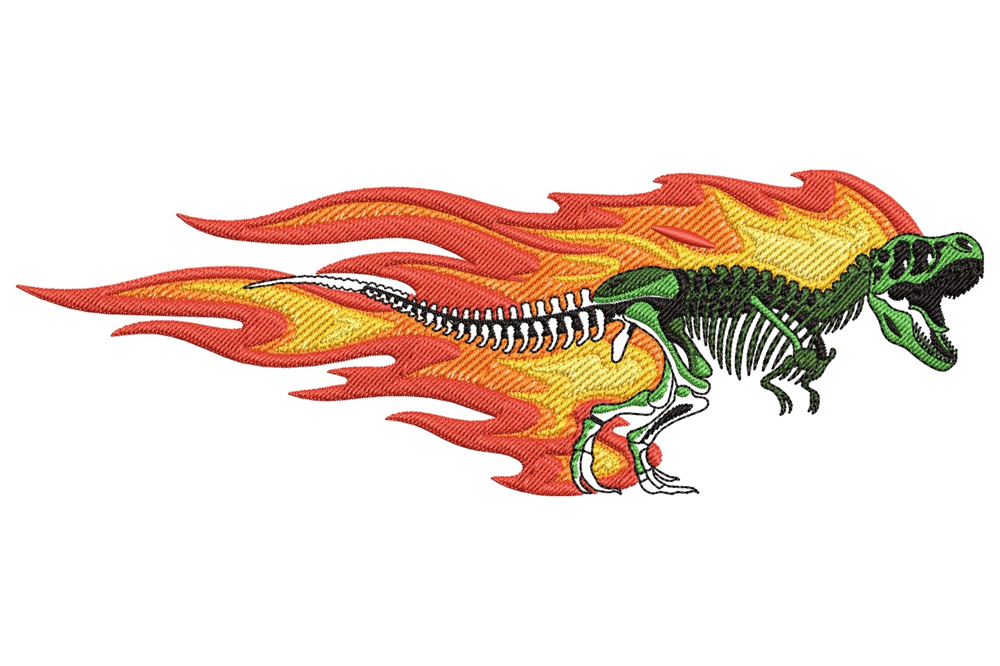 Flaming dinosaur skeleton embroidery design, t-rex bones streaking through a layered orange and yellow flame trail.