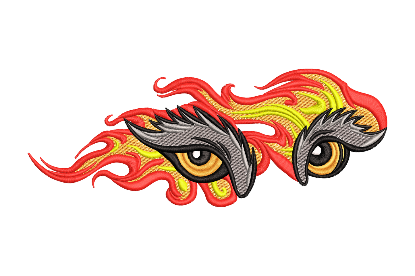 Flaming eyes embroidery design with amber irises, grey lashes, and red orange yellow flame surround, edgy machine embroidery pattern 5 sizes.