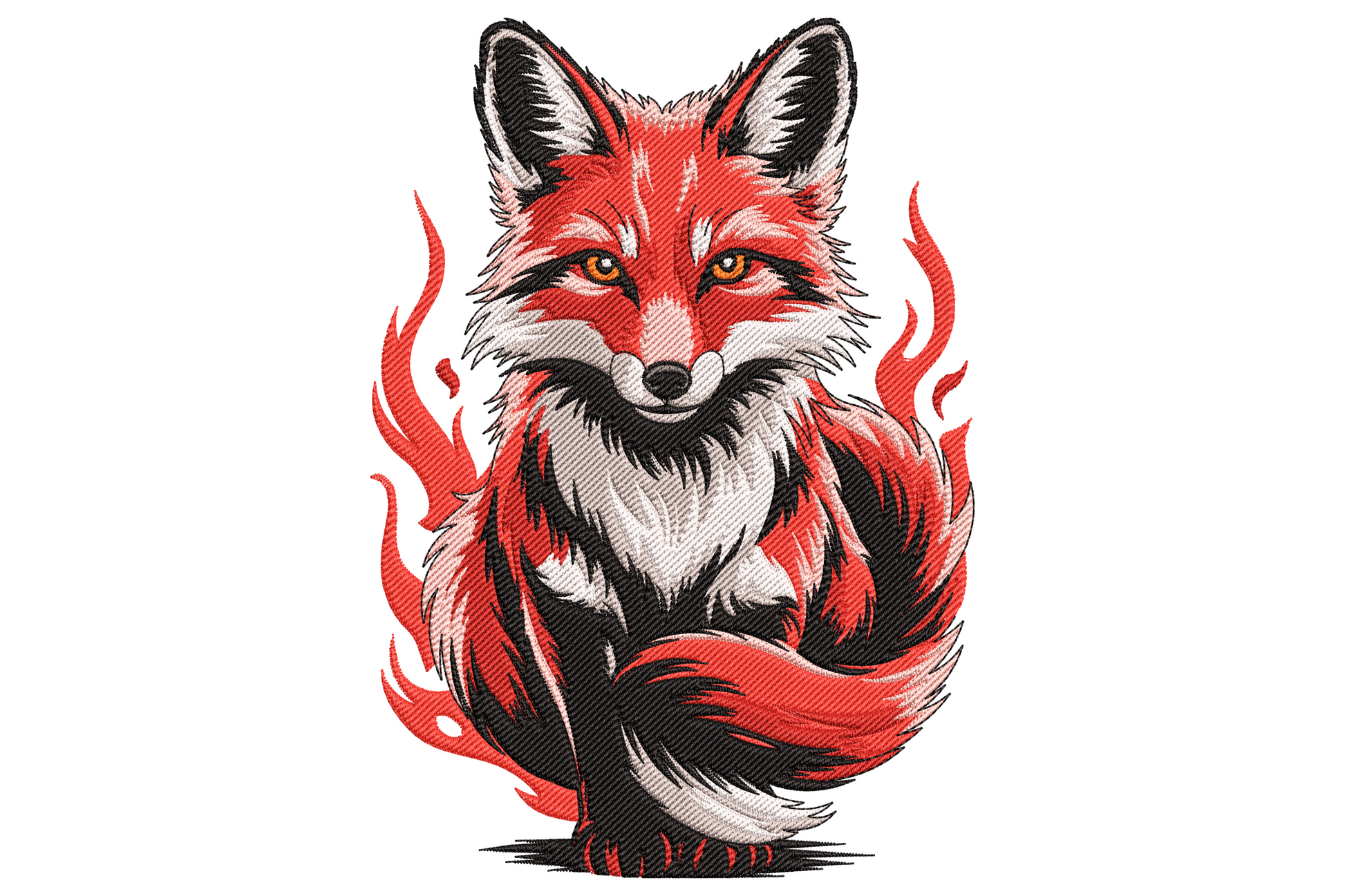 Flaming fox embroidery, fierce red fox sat upright with curling flame tendrils, golden eyes and charcoal ink hatching detail.