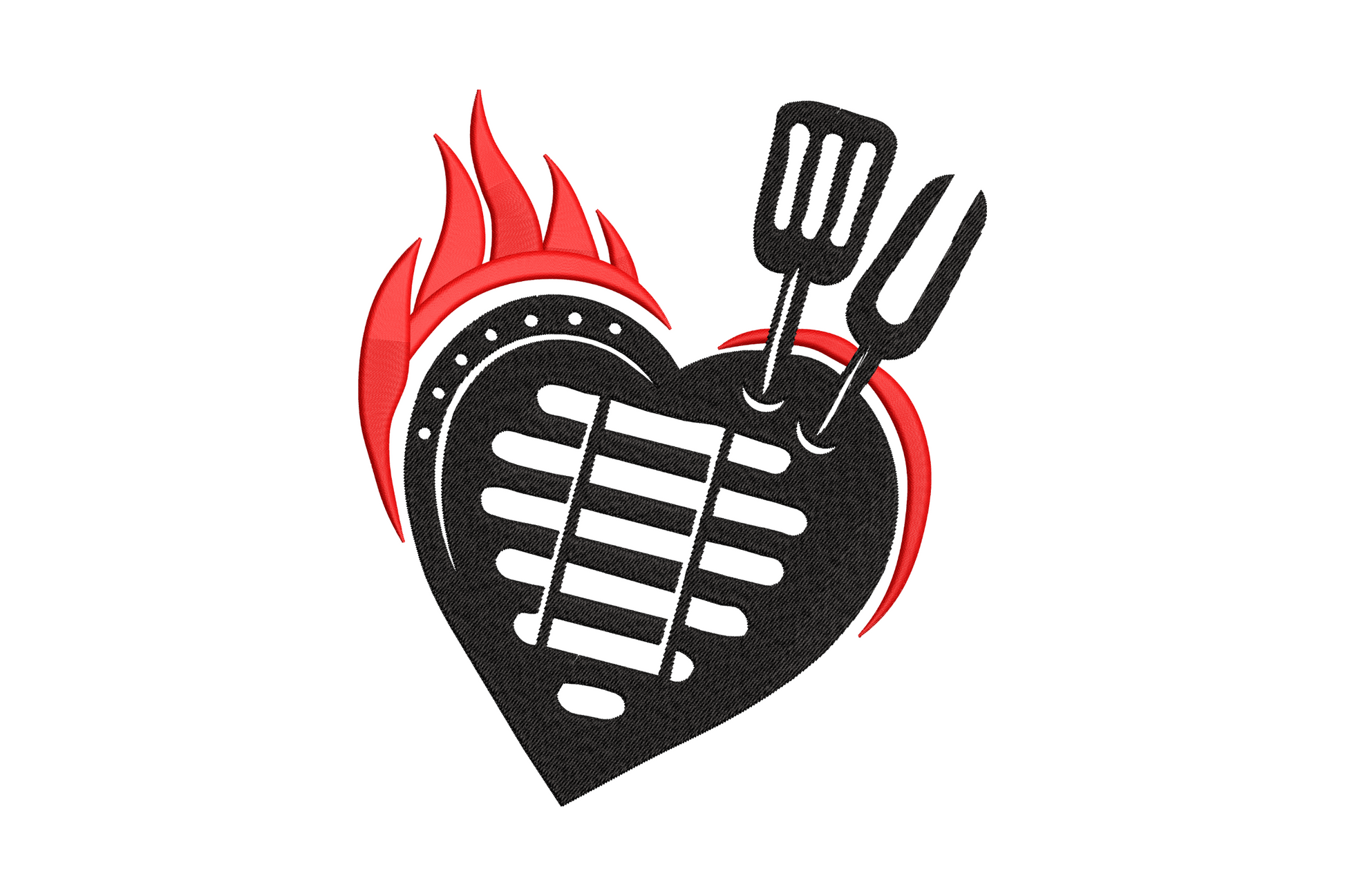 Flaming heart BBQ grill embroidery design with scarlet flame fill and crossed black tongs icon on white pique apron fabric.