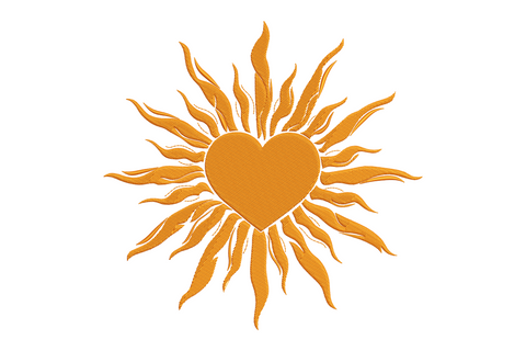 Flaming heart sun embroidery with flame-tip rays surrounding a centred heart, single amber gold thread, boho style.