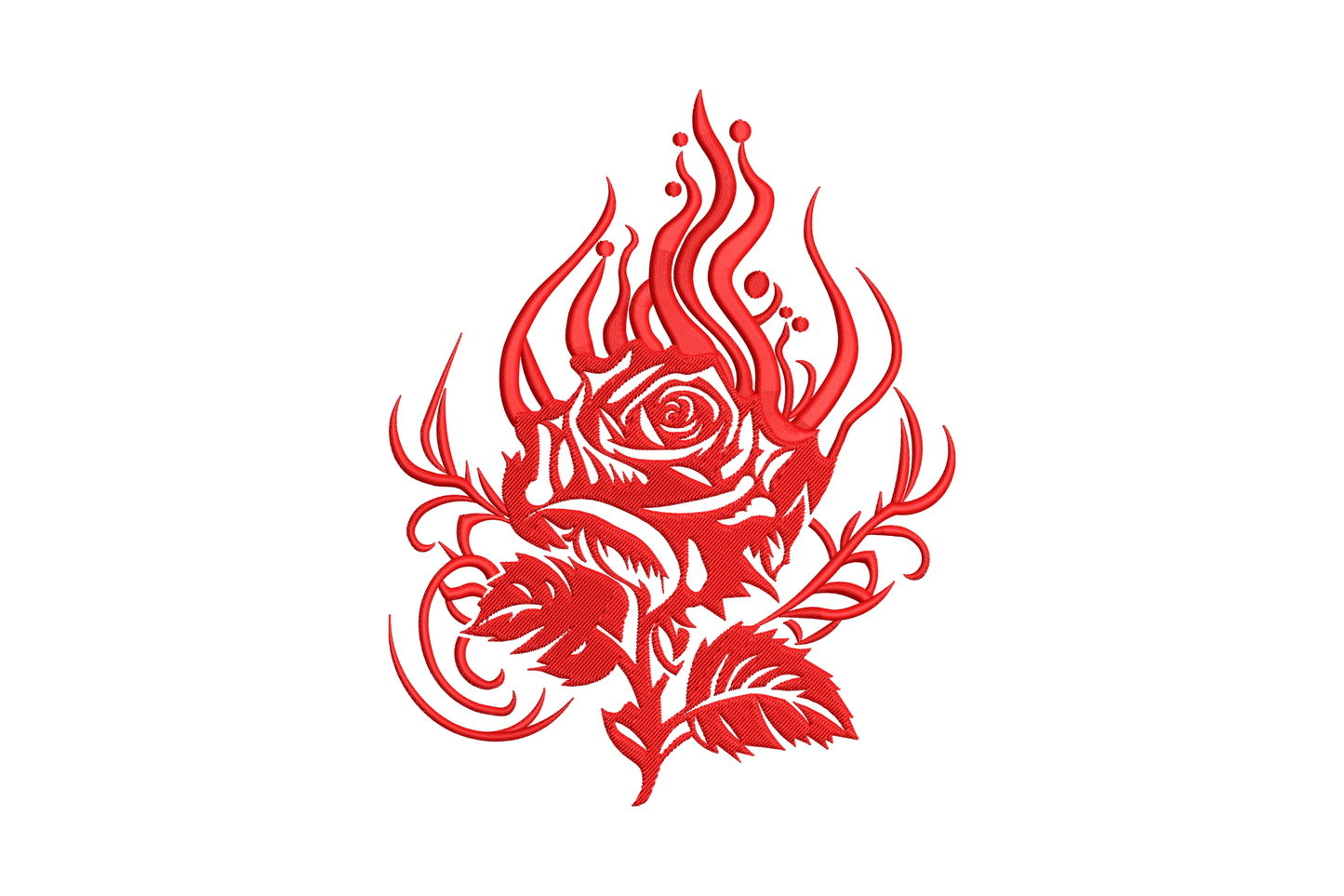 Flaming rose machine embroidery design, red rose surrounded by fire tendrils, tattoo flash style single color