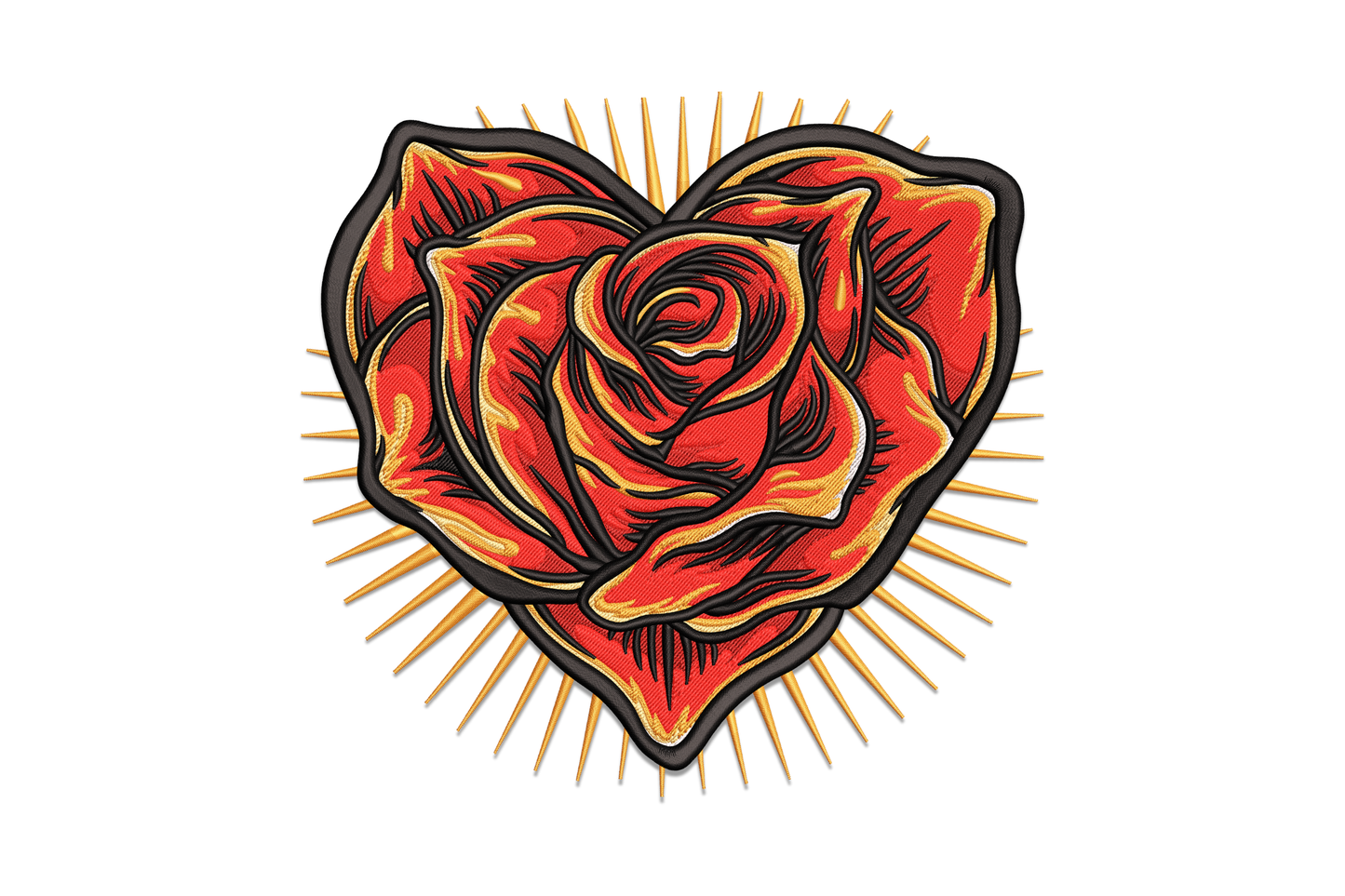 Flaming rose heart embroidery design with flames and rose blooms, 6 colours, 5 sizes 3.3 to 7.1 inches