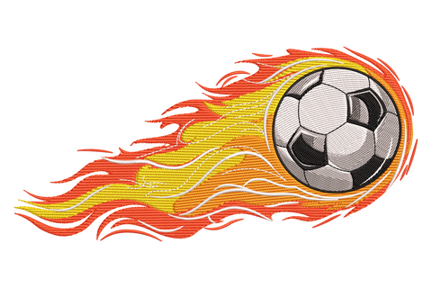 Flaming soccer ball embroidery design with red and orange flame trail, black and white satin-stitched ball face and layered fire tongues.