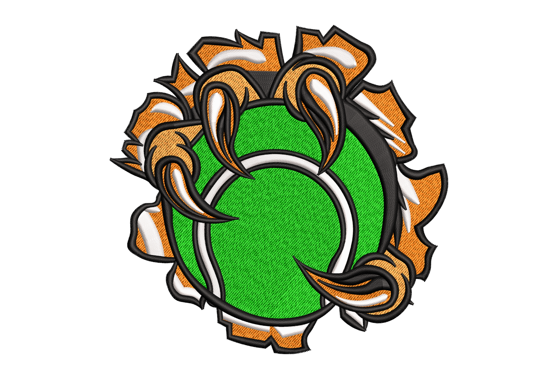 Flaming tennis ball wreath embroidery design with bright green ball and white seam curve surrounded by orange flame shapes with black outlines.