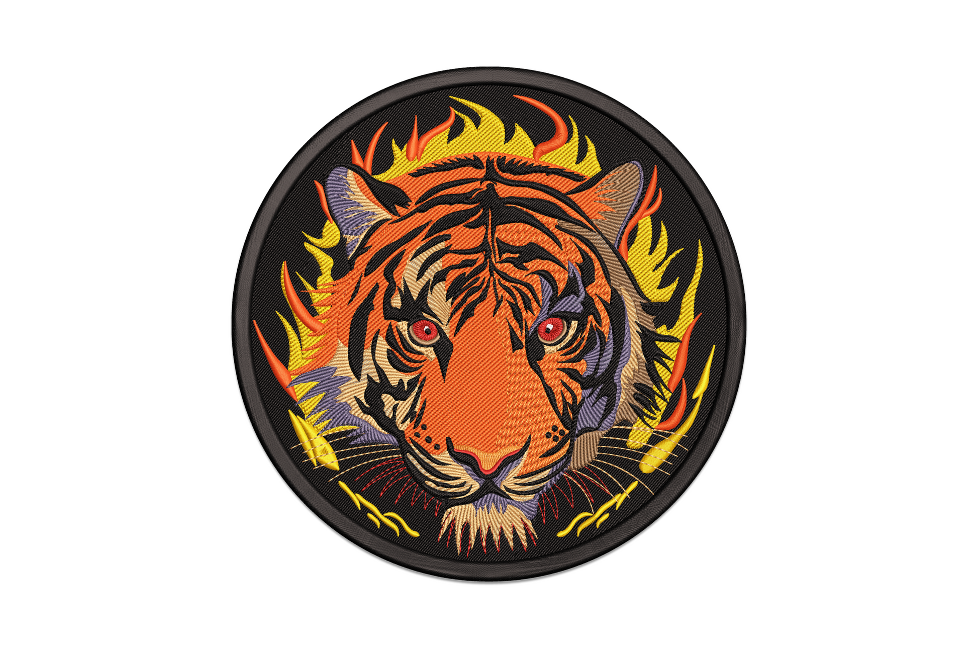 Flaming tiger head machine embroidery design, fierce snarl with stylised flames, 10 colours, 5 sizes from 3.51 to 7.51 inches