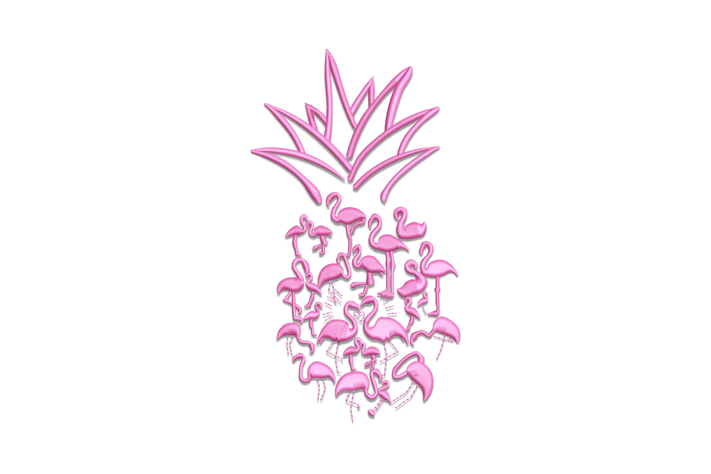 Flamingo pineapple embroidery design, hot pink flamingos clustered into pineapple silhouette shape with spiky leaf crown top.