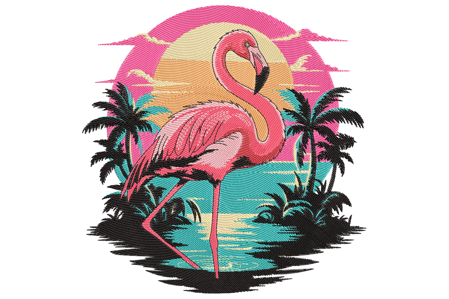 Flamingo embroidery in a circular vignette with teal water, cream sun, pink sky and black palm tree silhouettes in hot pink and blush satin fills.