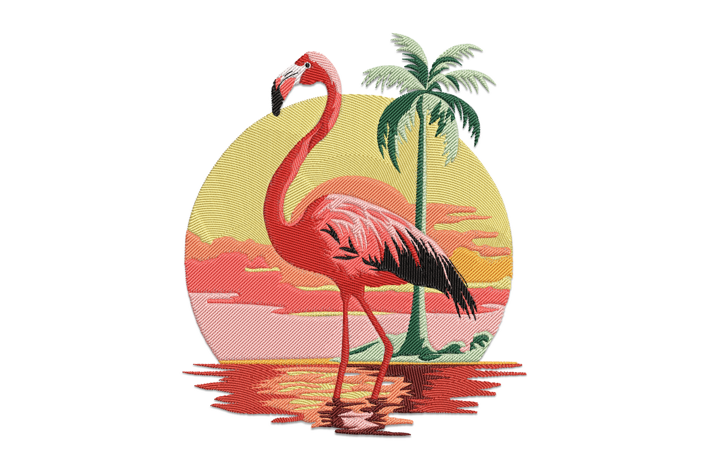 Flamingo sunset embroidery design with a coral-pink flamingo standing in water beside a palm tree inside a circular warm-toned sunset backdrop.