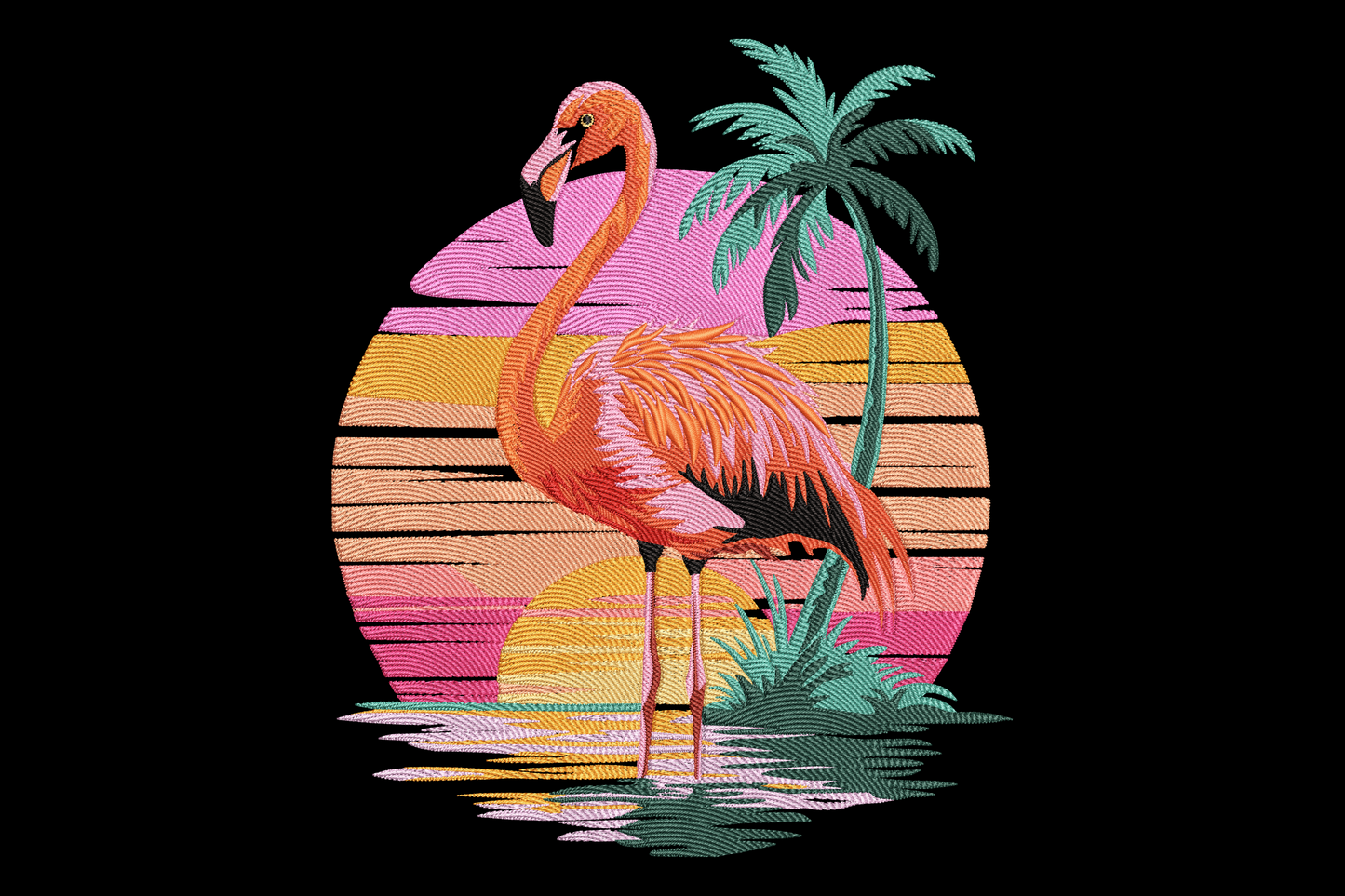 Flamingo sunset embroidery design, retro tropical scene with pink flamingo, striped sunset circle, palm tree and water reflection.