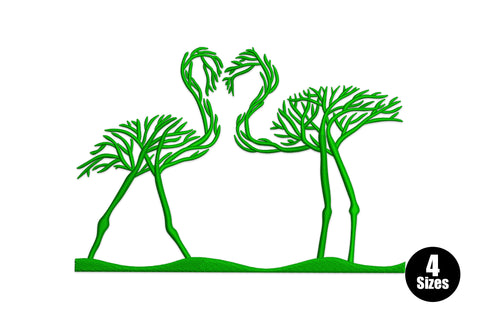 Flamingo tree silhouette embroidery design, two flamingos with wispy palms in dark green single thread