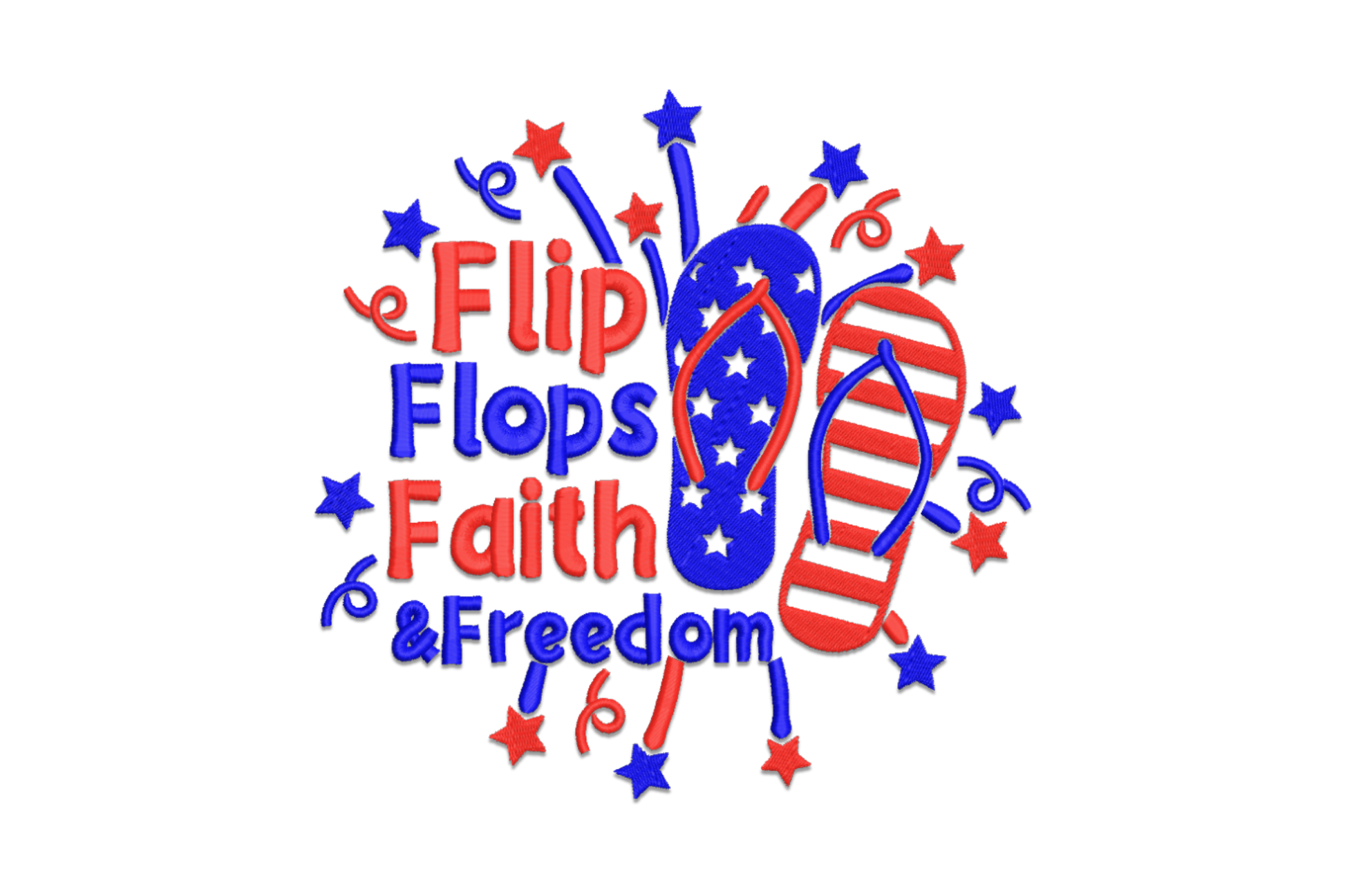 Flip flops faith and freedom embroidery design with bold lettering across sandal straps in 2 colours, summer patriotic style.