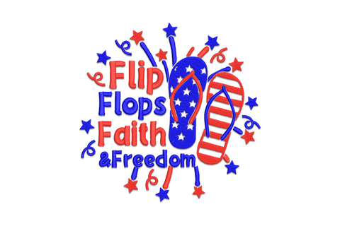 Flip flops faith and freedom embroidery design with bold lettering across sandal straps in 2 colours, summer patriotic style.