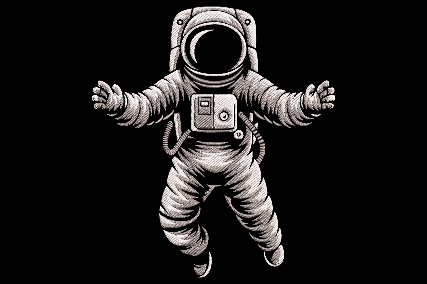 Floating astronaut embroidery design, detailed engraving-style space suit figure drifting in zero gravity in charcoal grey and white.