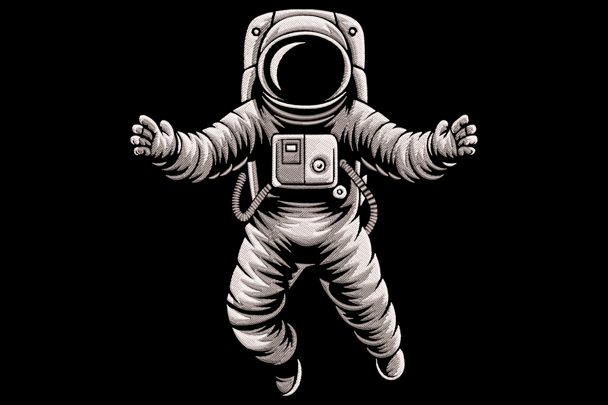 Floating astronaut embroidery design, detailed engraving-style space suit figure drifting in zero gravity in charcoal grey and white.