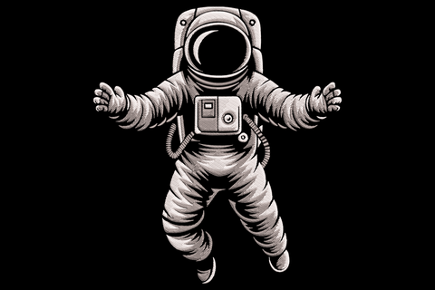 Floating astronaut embroidery design, detailed engraving-style space suit figure drifting in zero gravity in charcoal grey and white.