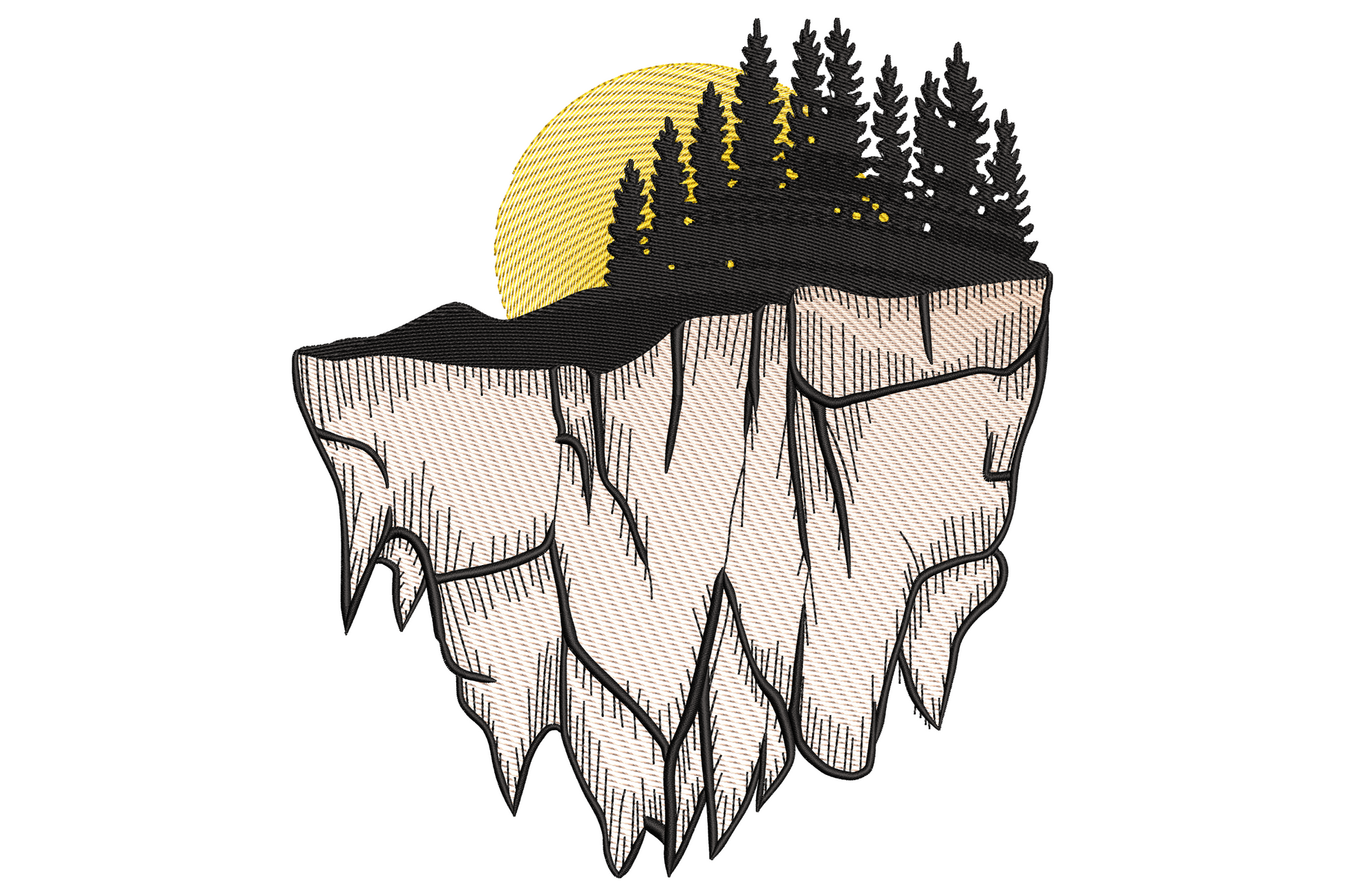 Floating forest cliff embroidery design showing a fantasy island with dense pine trees on a rocky cliff in dark green grey-brown and black minimalist woodblock style.