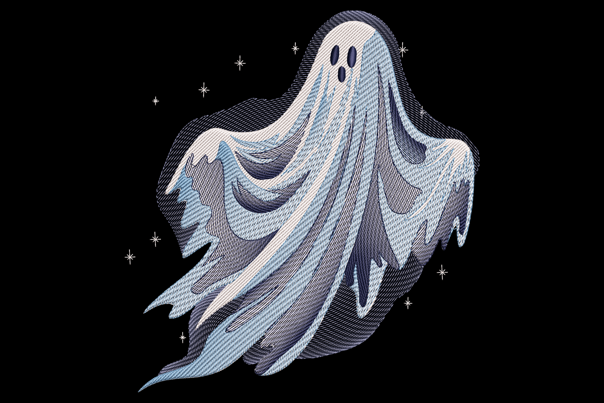 Floating ghost with tattered flowing sheet body and trailing tendrils, sketchy parallel line stitch in cool blue tones