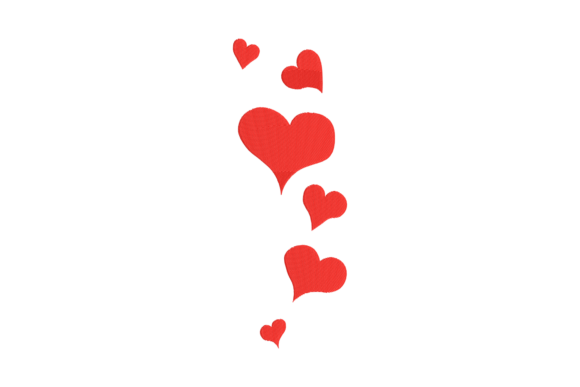 Floating heart cluster embroidery design with seven solid red satin hearts in varying sizes rising in a loose diagonal scatter on white background.