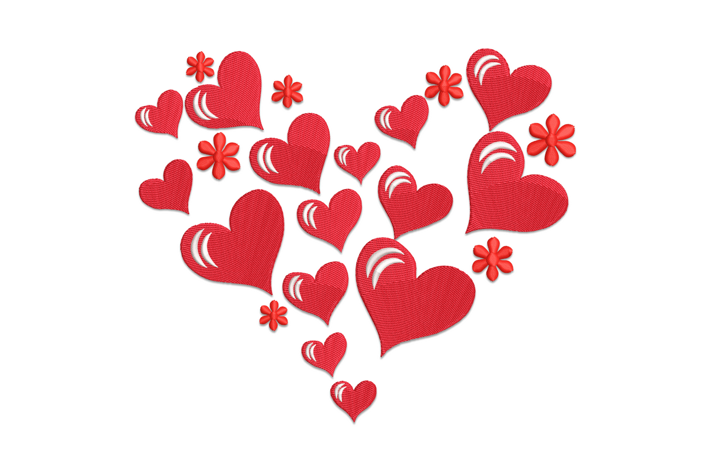 Machine embroidery hearts in red coral and blush floating upward at different scales and angles on white cotton background
