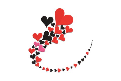 Sweeping comet arc of red, black and pink hearts starting large at the top left and trailing into tiny scattered hearts.